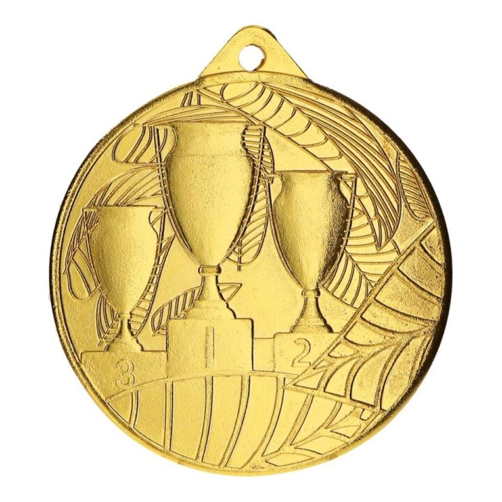 Złoty medal metalowy ME009/G z trzema pucharami sportowymi