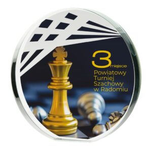 Okrągła statuetka szklana KR w kształcie koła